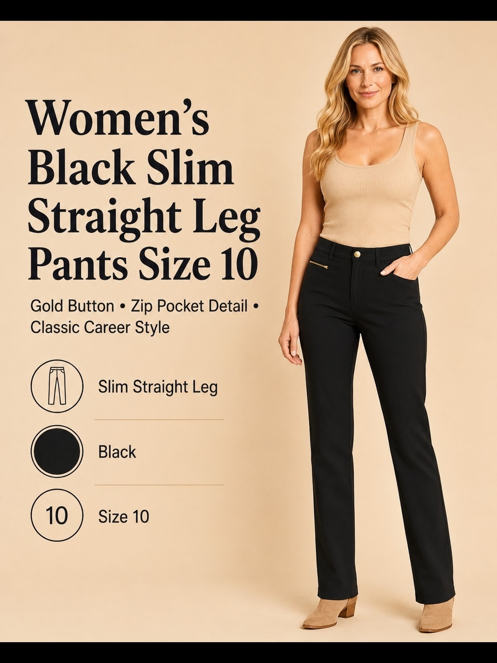 Black Slim Straight Leg Pants for Women - Size 10